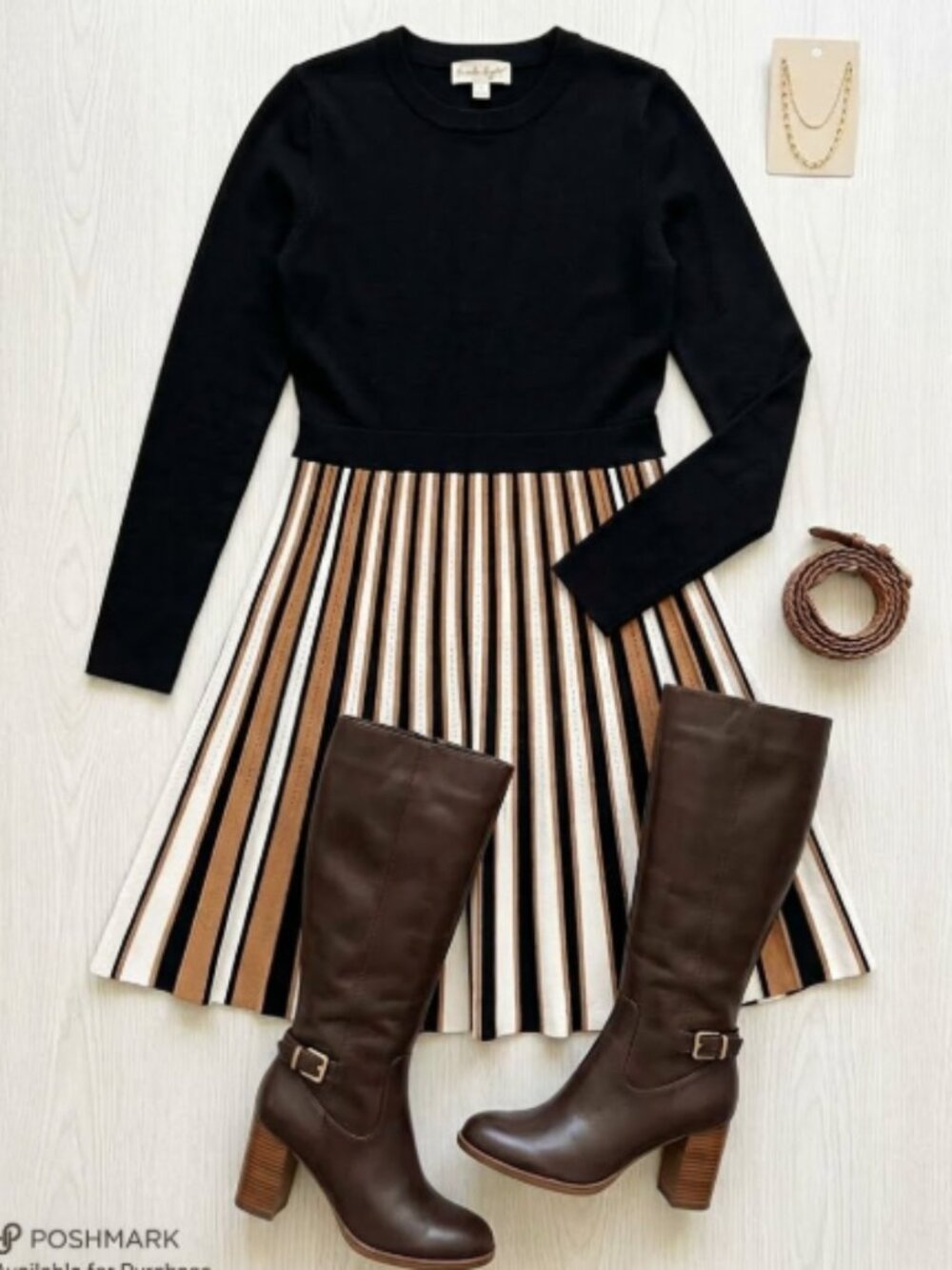 New! Robbie Bee Pleated Stripe Mock Neck Knit Midi Dress - Black Rust L NWT